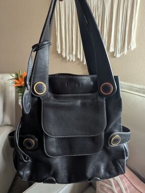 vintage Loewe black leather drawstring pockets double handle shoulder bag